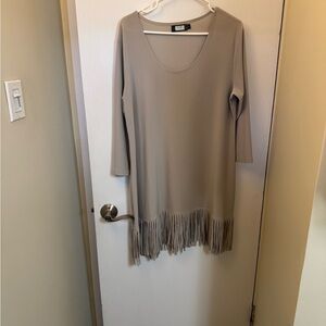Sympli Fringe Hem Long Sleeve Scoop Neck Tunic - Taupe